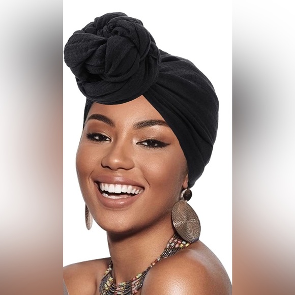 Black Print Turban Head Wraps - Picture 2 of 7